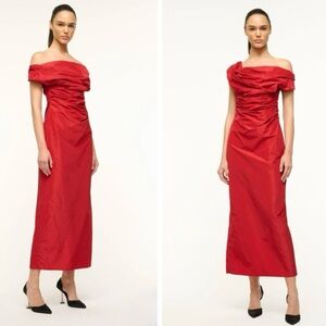 NWT STAUD Andrea Off Shoulder taffeta Midi Red Dress Size 4